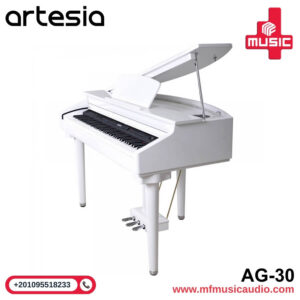 بيانو موسيقي احترافي Artesia AG-30 أبيض بتصميم جراند فاخر مع لوحة مفاتيح 88 مفتاح ودواسات كاملة.