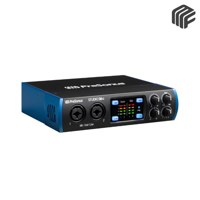كرت صوت احترافي عالي الدقة موديل PreSonus Studio 26c USB-C Audio Interface بشاشة ومؤشرات ليد - متوفر لدى MF Music Egypt