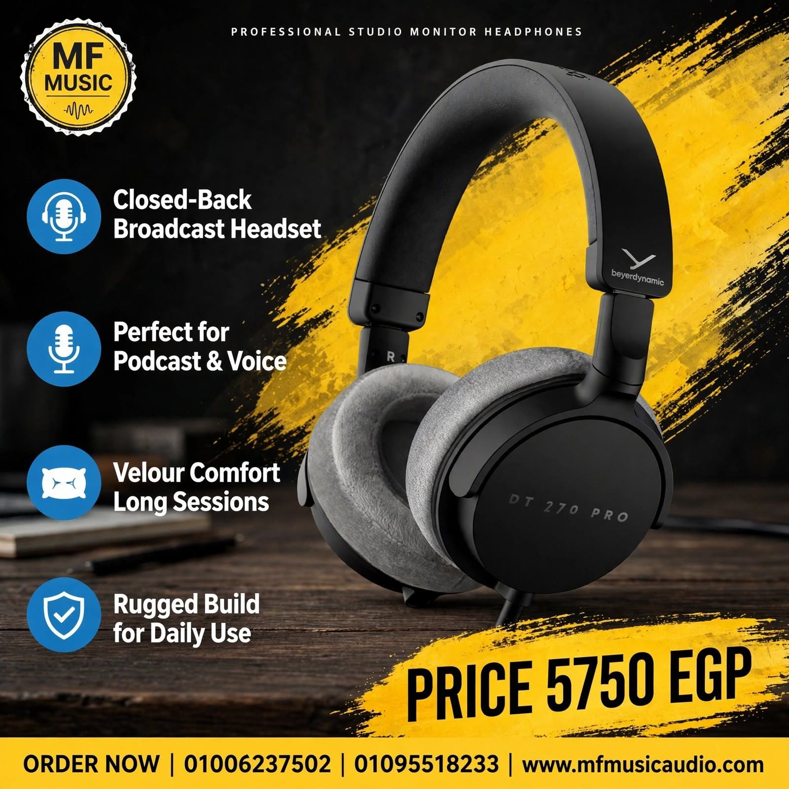 سماعات استوديو احترافية مدمجة مغلقة beyerdynamic dt 270 pro بأسفنج مخملي وسلك قابل للفك والتركيب على الجانبين - متوفرة لدى MF Music Egypt