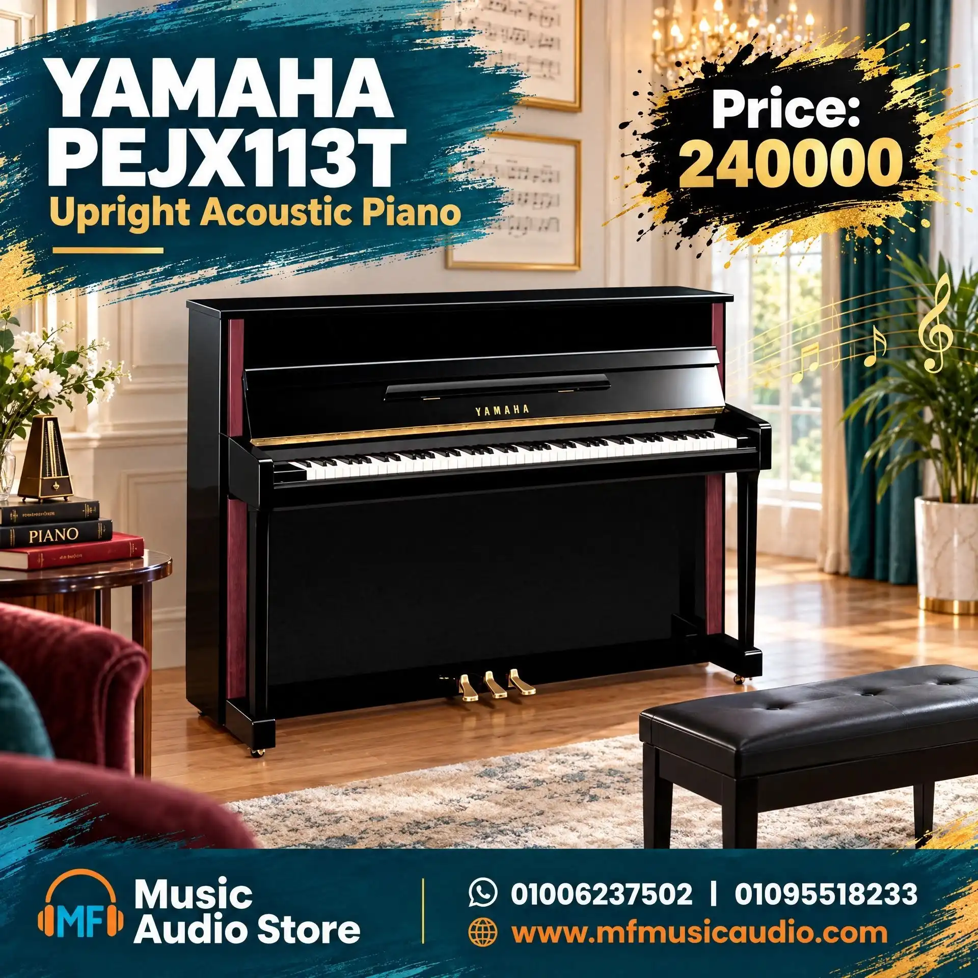 بيانو أكوستيك قائم أسود لامع yamaha jx113t pe ارتفاع 113 سم بـ 88 مفتاح وثلاث دواسات للمنازل والاستوديوهات - متوفر لدى MF Music Egypt