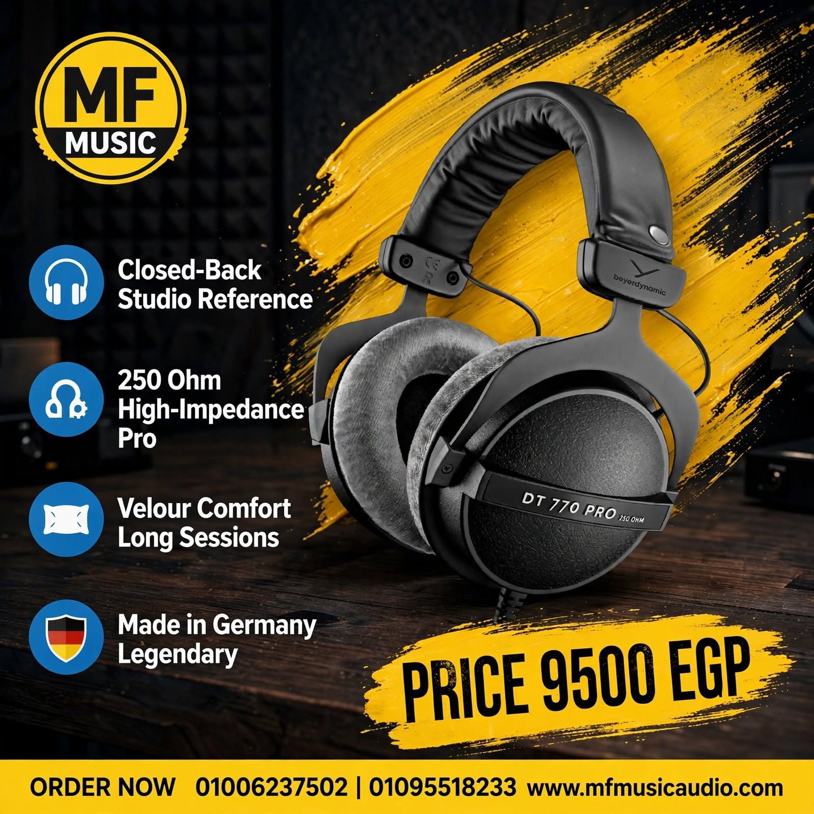 سماعات استوديو احترافية مغلقة من الخلف beyerdynamic dt 770 pro 250 ohm بأسفنج مخملي رمادي وسلك حلزوني للتسجيل والمكساج - متوفرة لدى MF Music Egypt