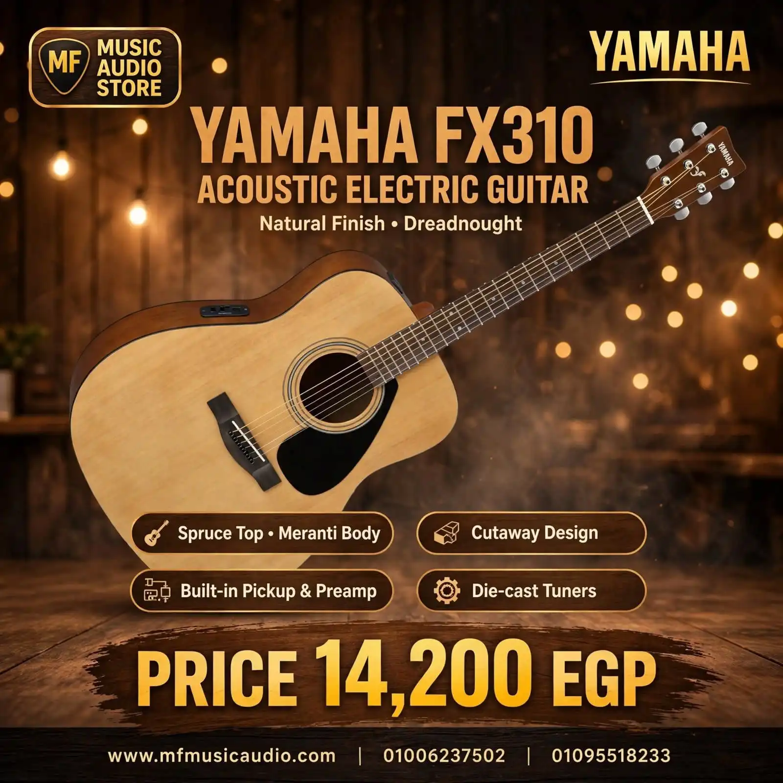 جيتار أليكترو أكوستيك yamaha fx310 بهيكل Dreadnought وبيك أب مدمج للعزف الحي - متوفر لدى MF Music Egypt