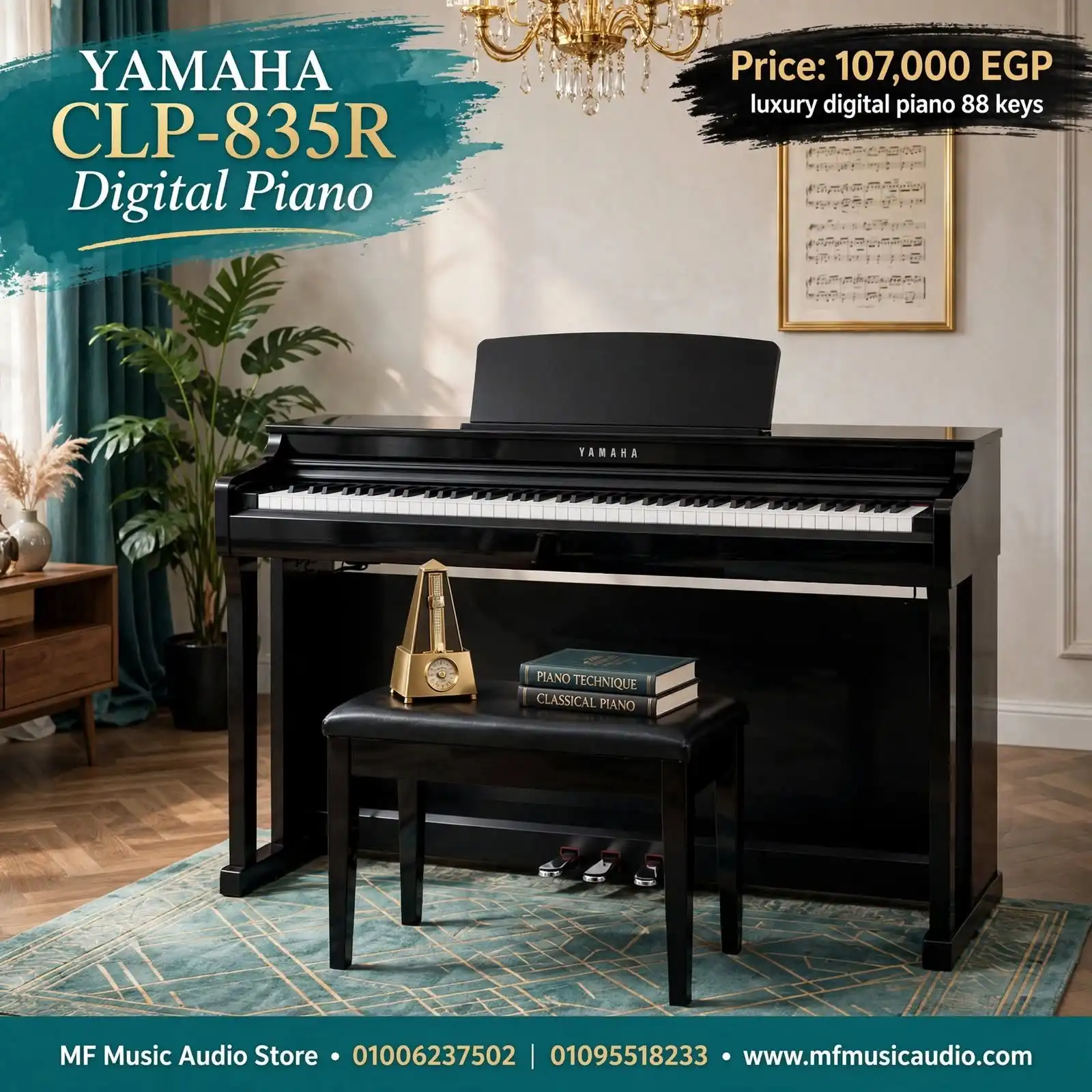 بيانو ديجيتال فاخر yamaha clp 835 Clavinova بمفاتيح GrandTouch-S وثلاث دواسات للمحترفين - متوفر لدى MF Music Egypt