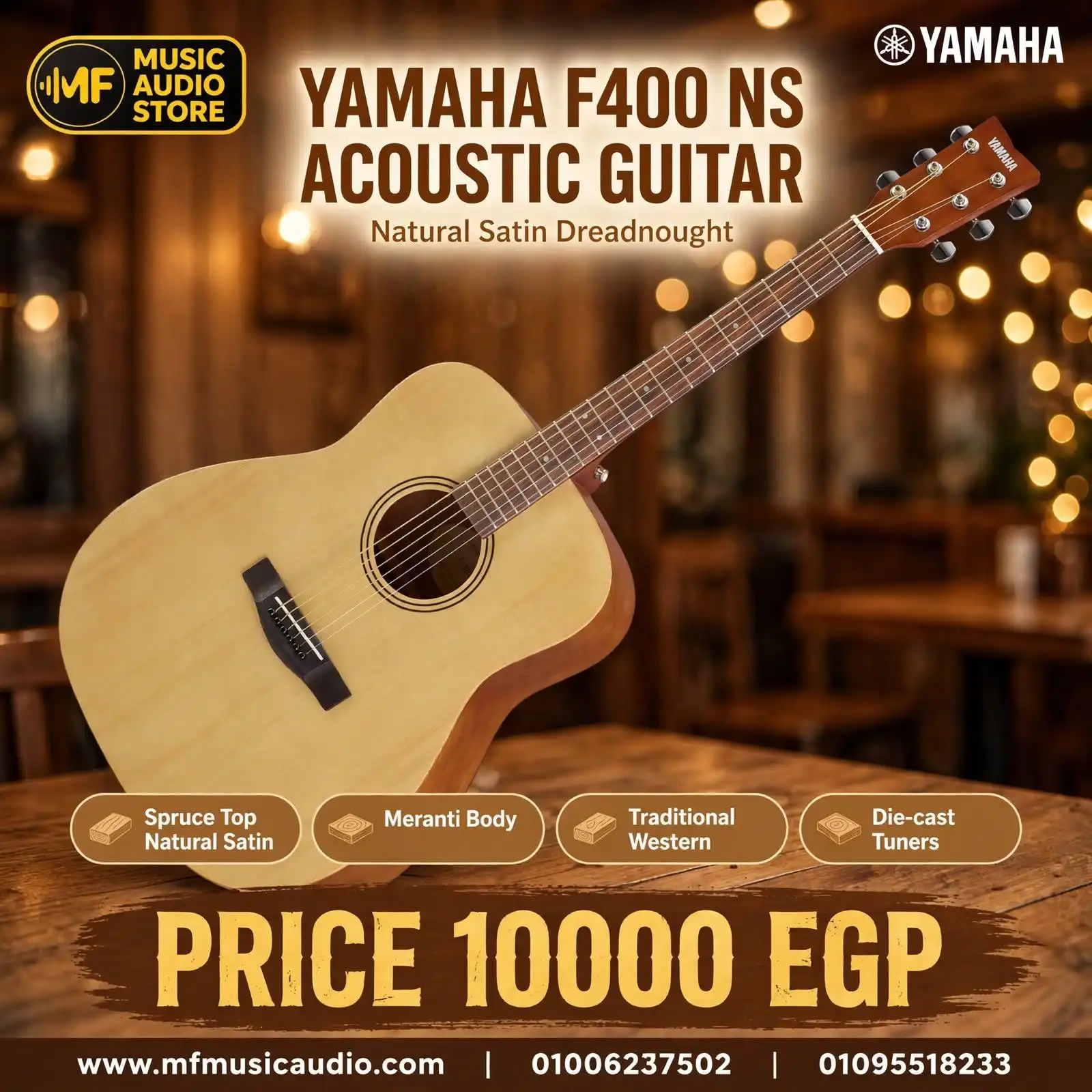جيتار أكوستيك yamaha f400 بهيكل تقليدي مريح ولمسة مطفية ناعمة للعزف اليومي - متوفر لدى MF Music Egypt